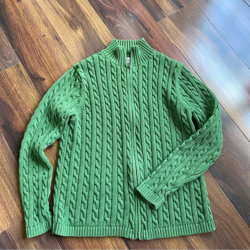LL Bean 100% Cotton Cable Knit Full Zip Mock Neck Sweater